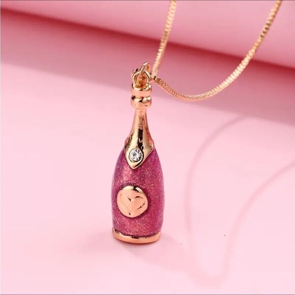 Elegant Pink Glitter Gold Rhinestone Champagne Bottle Pendant Necklace - Picture 2 of 5
